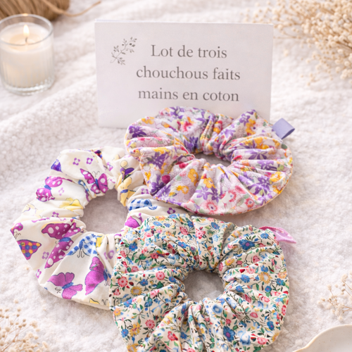 Lot de 3 chouchous faits main en coton – scrunchies cheveux femme  élastiques tissu accessoire cheveux floral