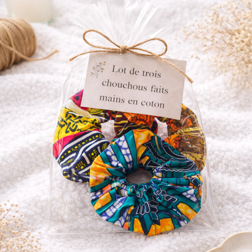 Lot de 3 chouchous  faits main en coton wax – élastiques cheveux tissu coloré – accessoire cheveux femme