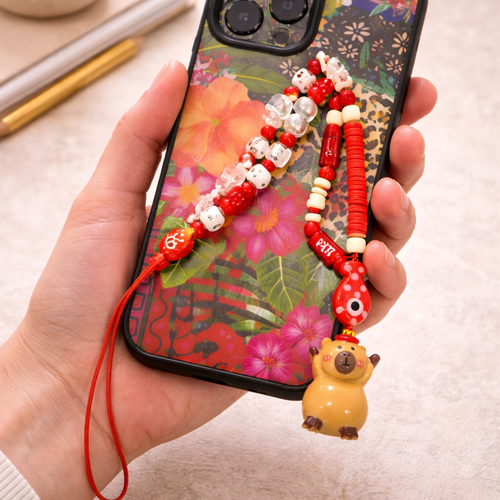 Bijou de téléphone capybara rouge – strap téléphone perles fantaisie kawaii – accessoire portable fait main