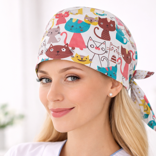 Calot infirmière chats colorés – calot médical fait main en coton – charlotte bloc opératoire – bonnet chirurgical original femme
