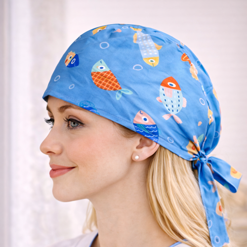 Calot infirmière poissons fait main – bonnet médical coton bleu – calot chirurgical femme – accessoire soignant original