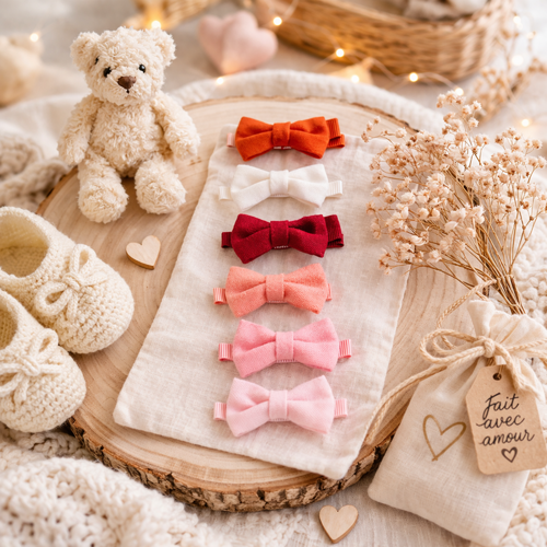 Lot de barrettes en lin colorées et leur support coton fait mains