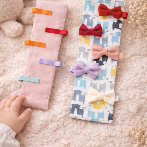 Lot de barrettes bébé en lin -nœuds faits main – accessoires cheveux fille – cadeau naissance – support rangement inclus