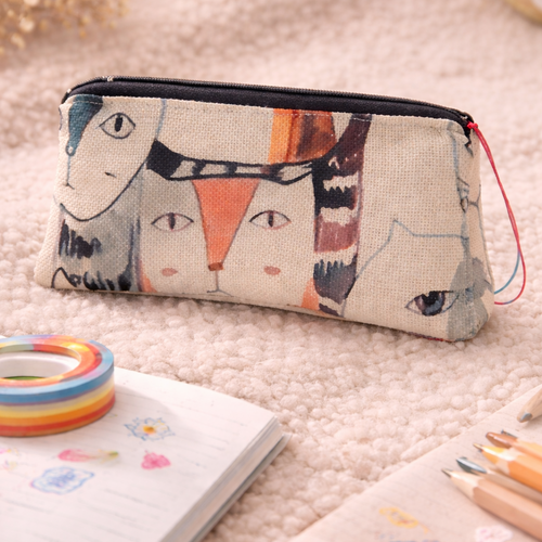 Pochette chat fait main – trousse patchwork artisanale – recto verso différent – doublure tissu d’ameublement – accessoire unique