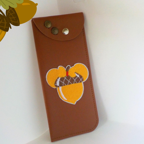 Etui a lunettes marron en simili cuir avec patch thermocollant gland couleur automne pochette de rangement pour stylo