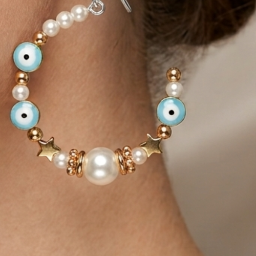 Boucles d'oreilles argent créoles oeil protecteur perles chic etoiles dorées perles d'espacement boucles chic