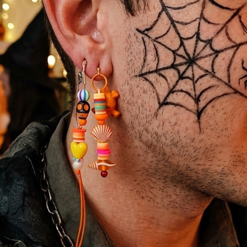 Boucles d'oreilles pendnates orange halloween tête de morts et coquillage jour de la fête des morts