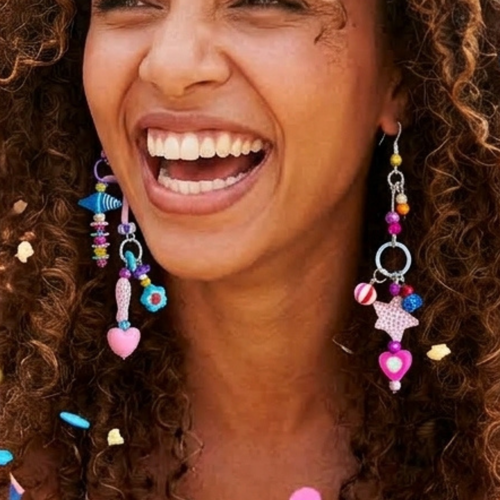 Boucles d'oreilles pendantes pop color asymetriques rose bleues