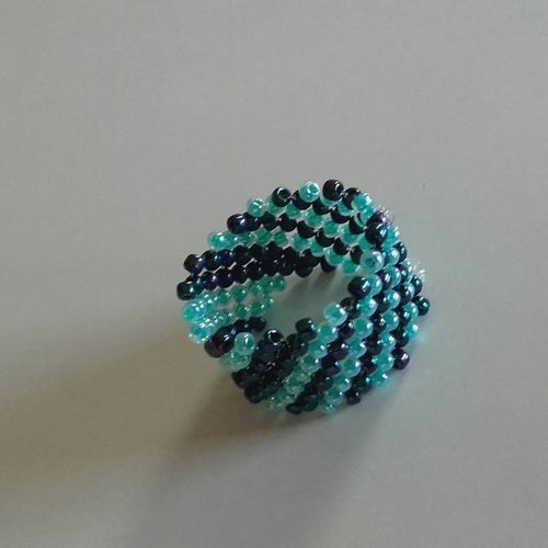 Bague large anneau bleu vert noir fantaisie perles rocailles miyuki femme taille 60-62