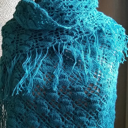 Châle turquoise pure laine fine alpaga dentelle