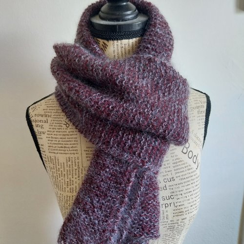 Écharpe large bordeaux grise alpaga mohair soie tricotée main femme homme mi saison hiver
