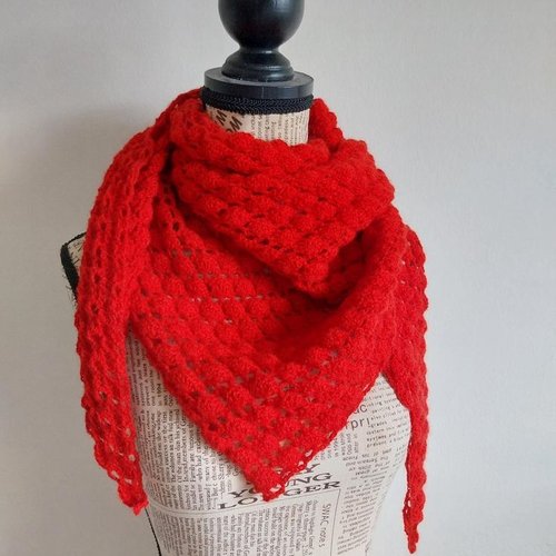 Châle écharpe triangle chèche gaufré rouge pure alpaga fait-main au crochet bohème homme femme