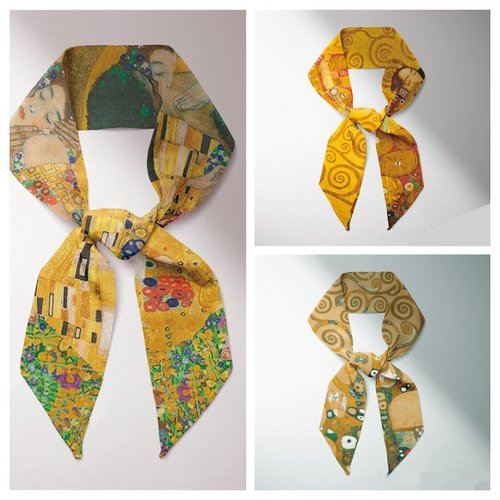 Klimt, foulard, écharpe fine, cravate, bandeau cheveux, déco de sac, bandeau foulard imprimé le baiser, l'arbre de vie, les larmes d'or