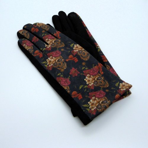 Gants d’hiver femme tête de mort fleurie – modèle tactile