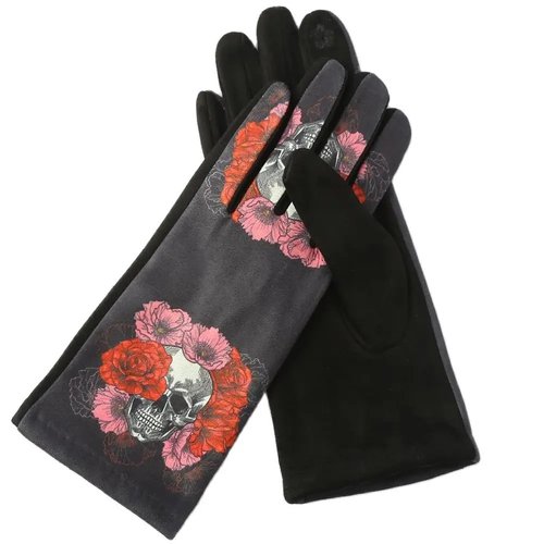 Gants d’hiver femme tête de mort et fleurs rouges – modèle tactile