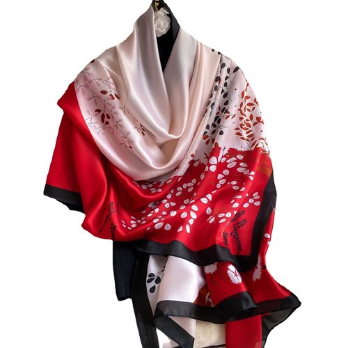Écharpe femme rouge imprimé floral – foulard long léger motif végétal 180x90 cm