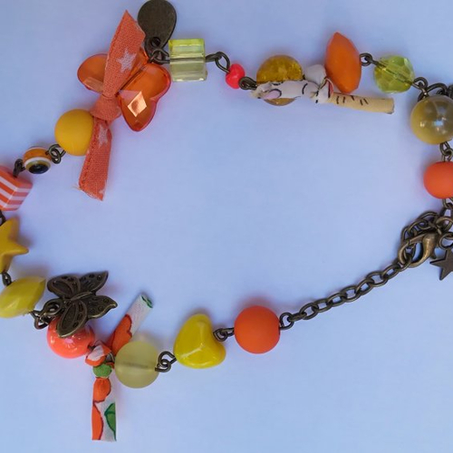 Chaîne de cheville perles et rubans jaune/ orange
