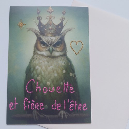 Carte postale brodée "chouette"