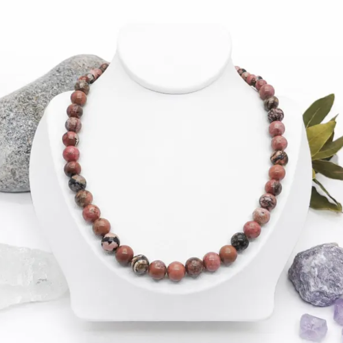 Collier de perles en rhodonite naturelle | collier pierre rose naturelle | bijou fait main en rhodonite