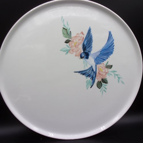 Plat à gâteau en peinture sur porcelaine motif fleurs et oiseau personnalisable