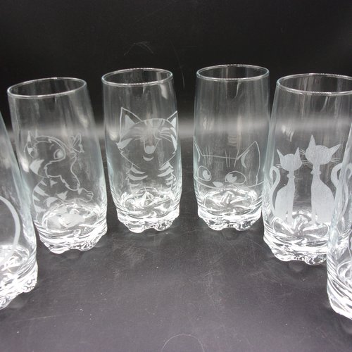 6 verres à eau motif chats , personnalisables