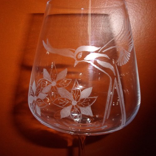 6 verres à vin en gravure sur verre motif oiseau,personnalisable