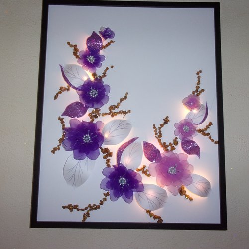 Tableau lumineux,veilleuse avec fleurs en voile de nylon