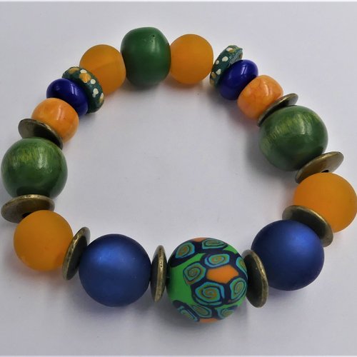 Bracelet rustique, bracelet ethnique, perles verre, céramique, résine, argile polymère et laiton