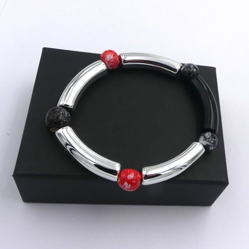 Bracelet tendance, bracelet élastique, perles incurvées acrylique, céramique du pérou, cadeau femme