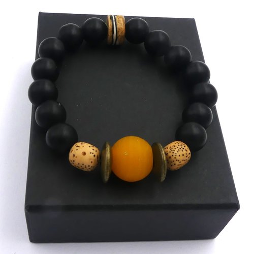 Bracelet rustique, bracelet élastique perles, onyx noir, bois , verre et graines bodhi, céramique grecque, cadeau femme