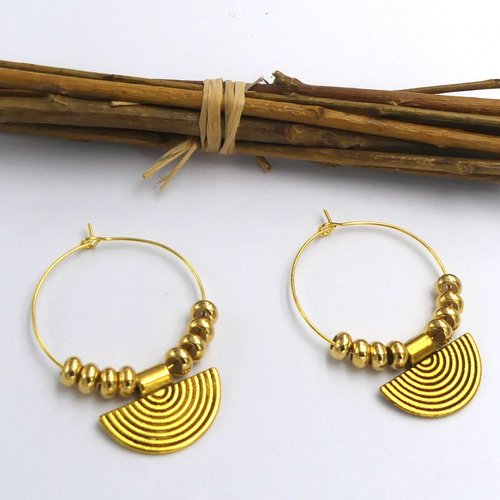 Boucles d'oreilles créoles ethniques, finition dorée, diamètre 35 mm, cadeau femme