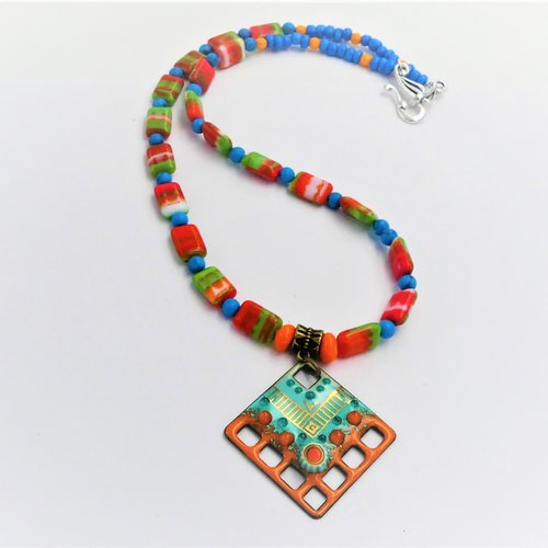 Collier perles verre et pendentif cuivre émaillé, strass, idée cadeau femme