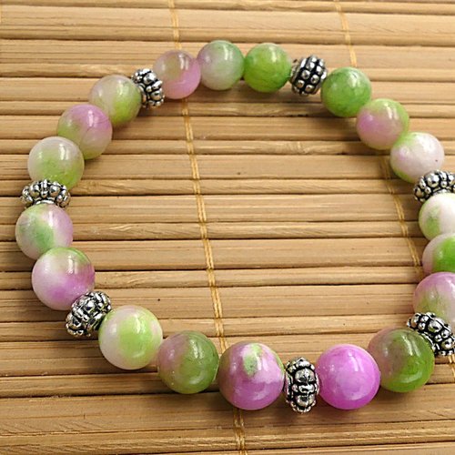 Bracelet perles en jade, intercalaires en argent antique, sur fil élastique