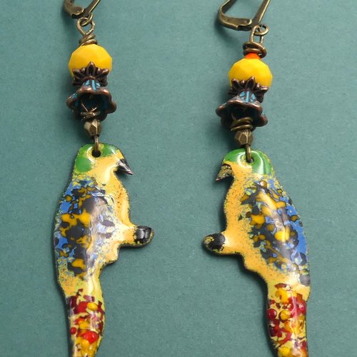 Boucles d'oreilles artisanales en cuivre émaillé, verre et laiton bronze, idée cadeau femme