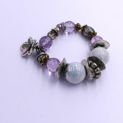 Bracelet élastique, perles céramique, laiton et verre