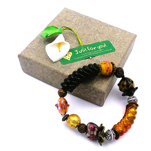 Bracelet élastique perles tubes torsadées en acrylique, perles en verre, laiton bronze