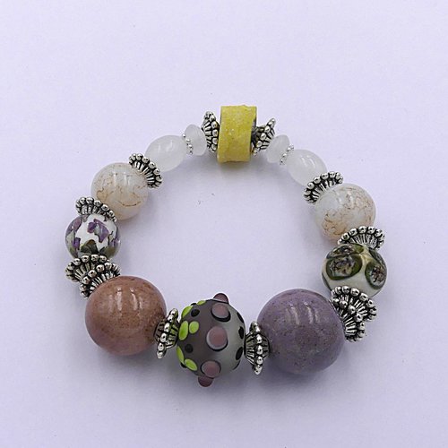 Bracelet élastique en perles, verre filé, céramique,  métal argenté, idée cadeau femme