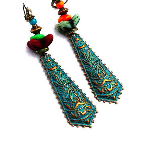 Boucles d'oreilles rustiques, boucles d'oreilles pendantes, ethniques, cuivre patiné, verre tchèque