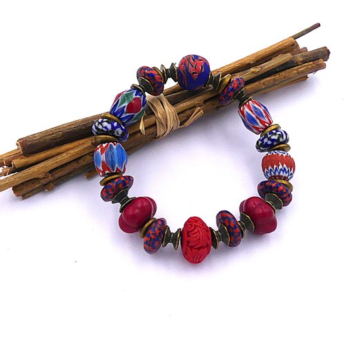 Bracelet élastique, perles cinabre, millefiori, perles africaines, laiton