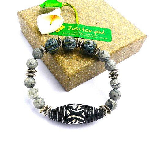 Bracelet élastique, céramique artisanale, perles jaspe picasso gris naturel, rondelles argentées