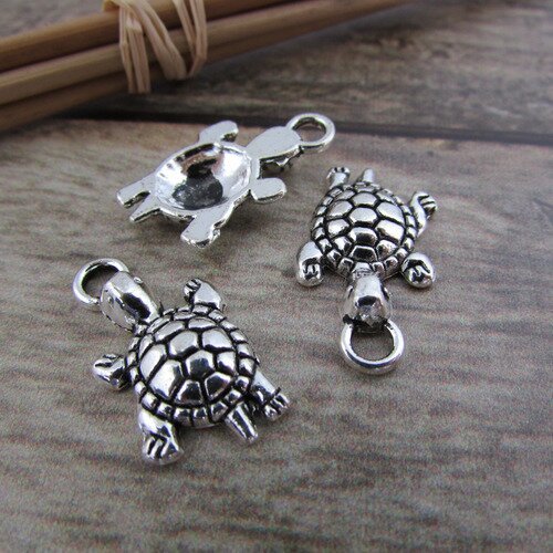 LOT de 12 PENDENTIFS TORTUES TURTLE ARGENTES 20x12mm perles breloques bijoux