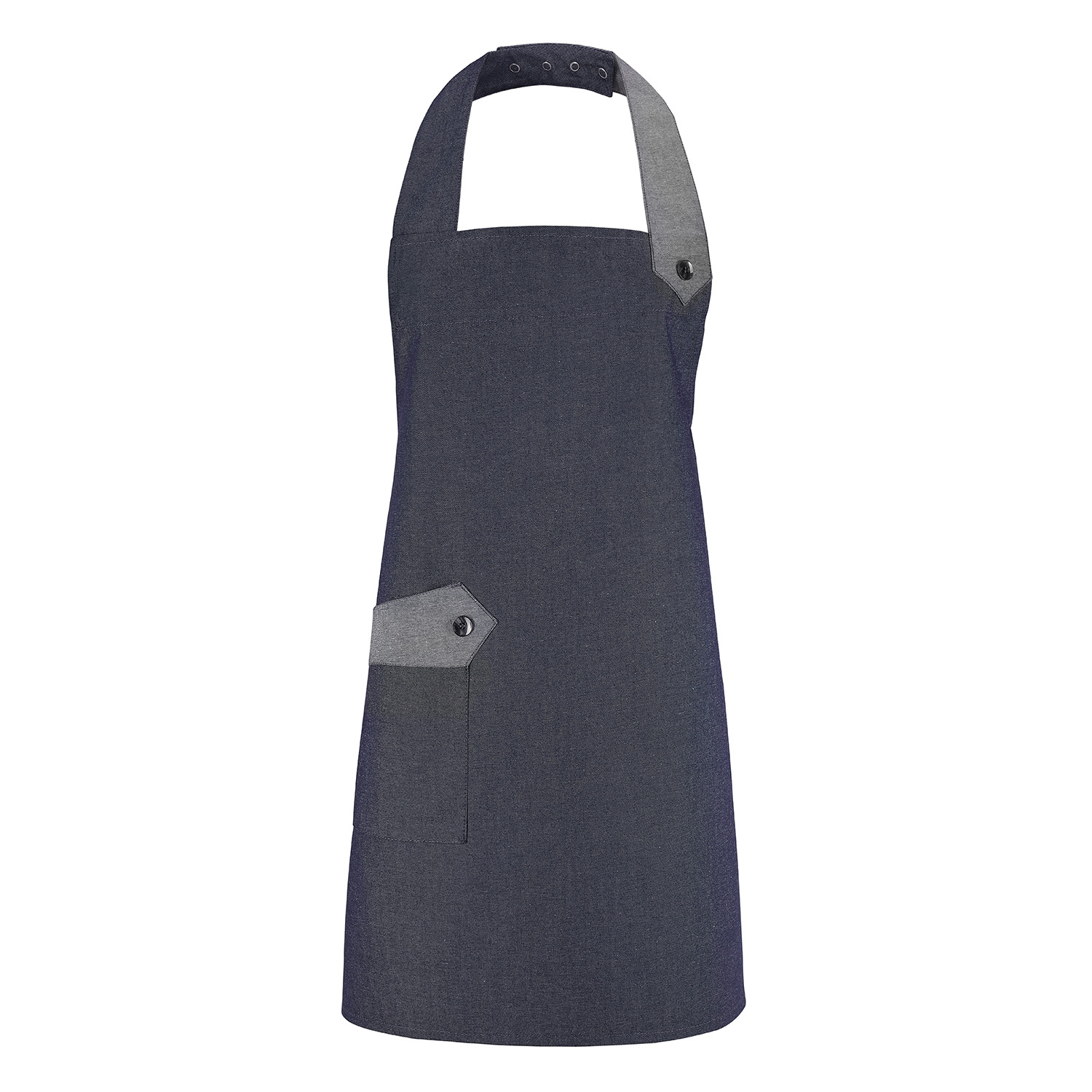 Latzschürze Emma 115 x 70 cm, Jeanslook blau mit linkem Nackenband und