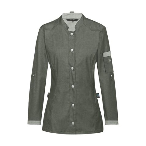 Damen-Kochjacke, Denimoptik Bikerstyle in Stretchqualität, grün