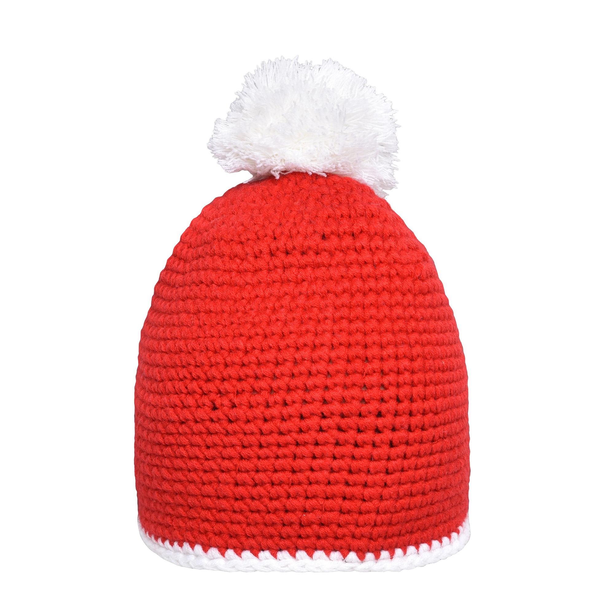 Häkelmütze mit Kontrastband und Pompom, rot/weiß
