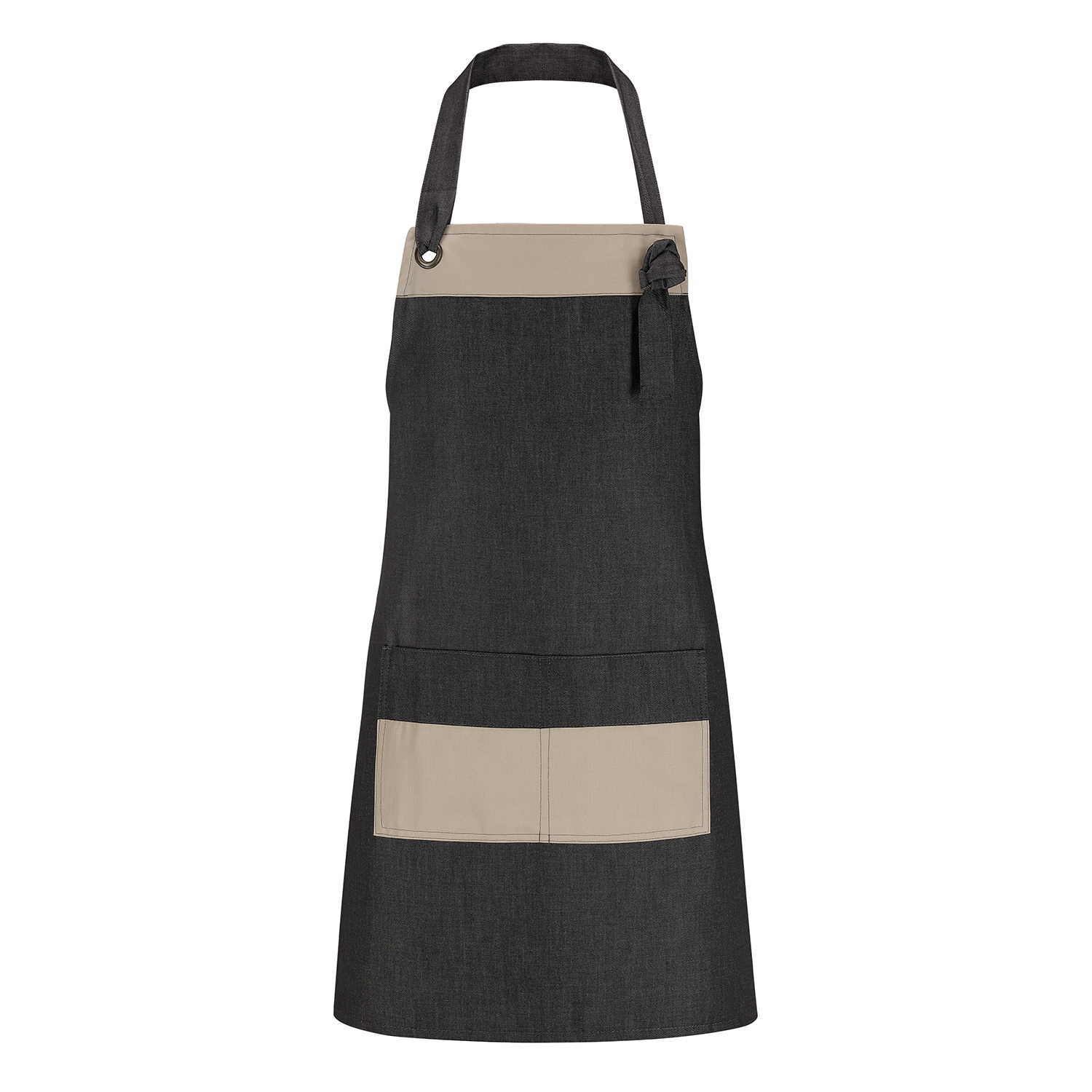 Latzschürze Candela 130 x 80 cm, Jeanslook anthrazit, Latzabschluss 7cm in sahara, 2 Ösen, 