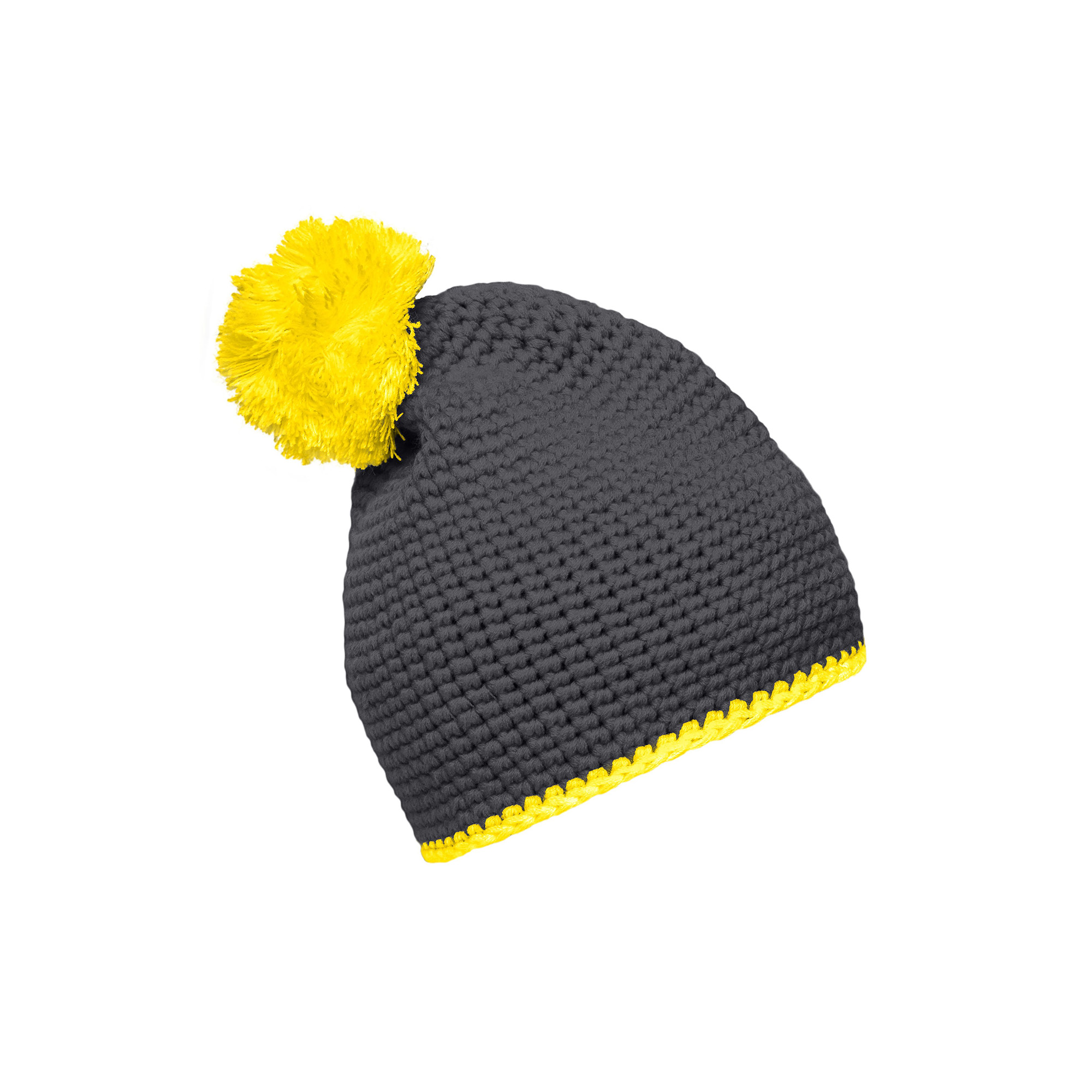 Häkelmütze mit Kontrastband und Pompom, carbon/gelb