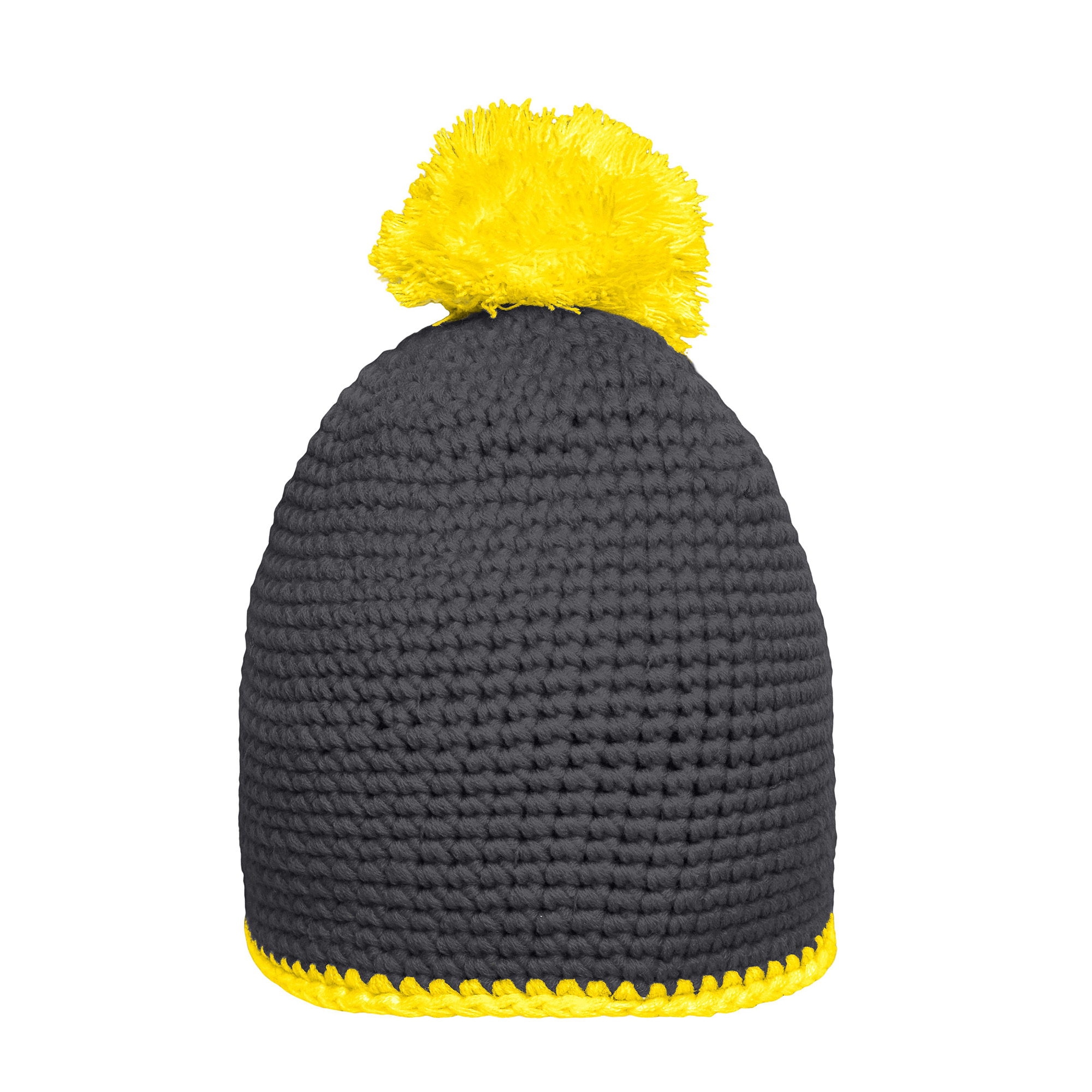 Häkelmütze mit Kontrastband und Pompom, carbon/gelb