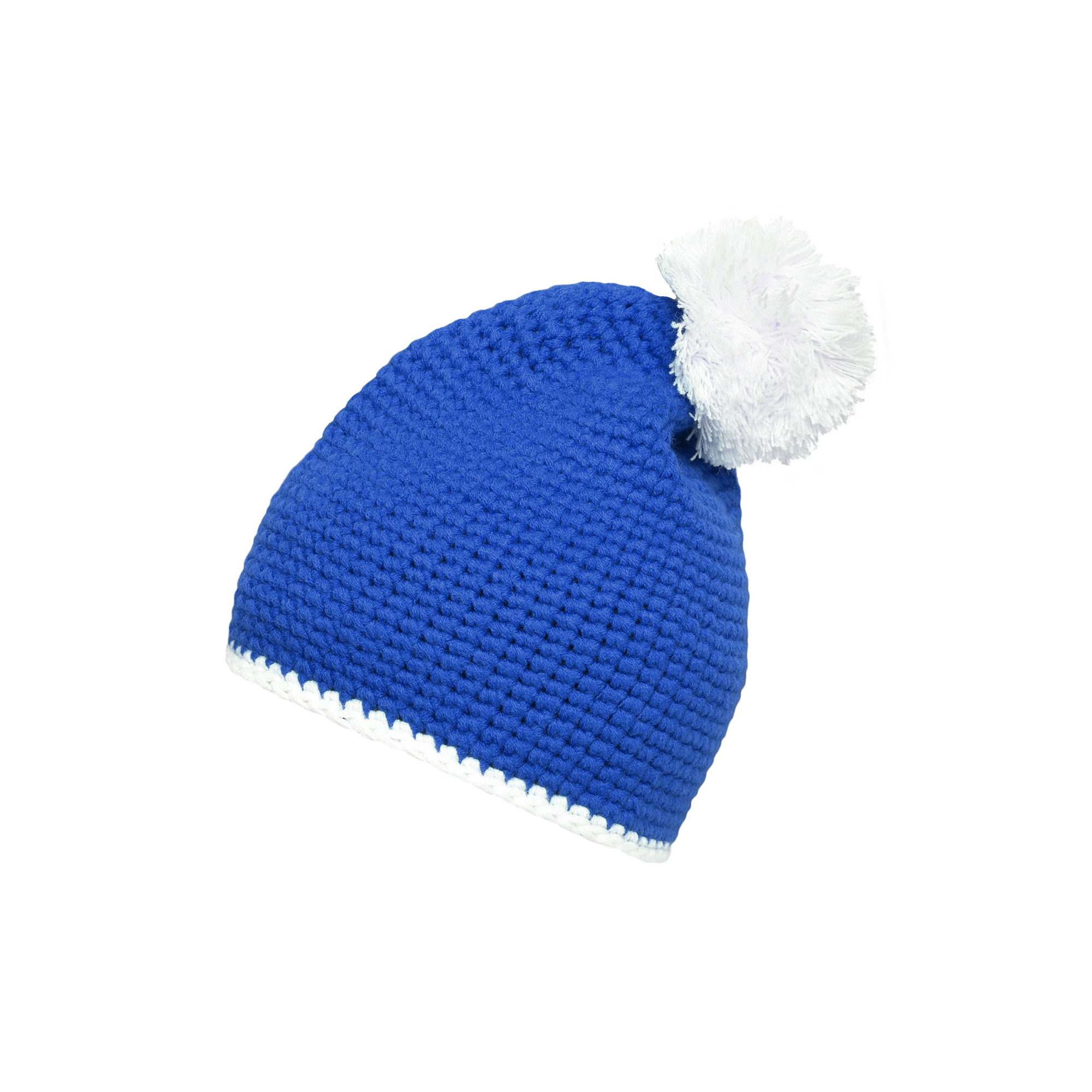Häkelmütze mit Kontrastband und Pompom, navy/weiß