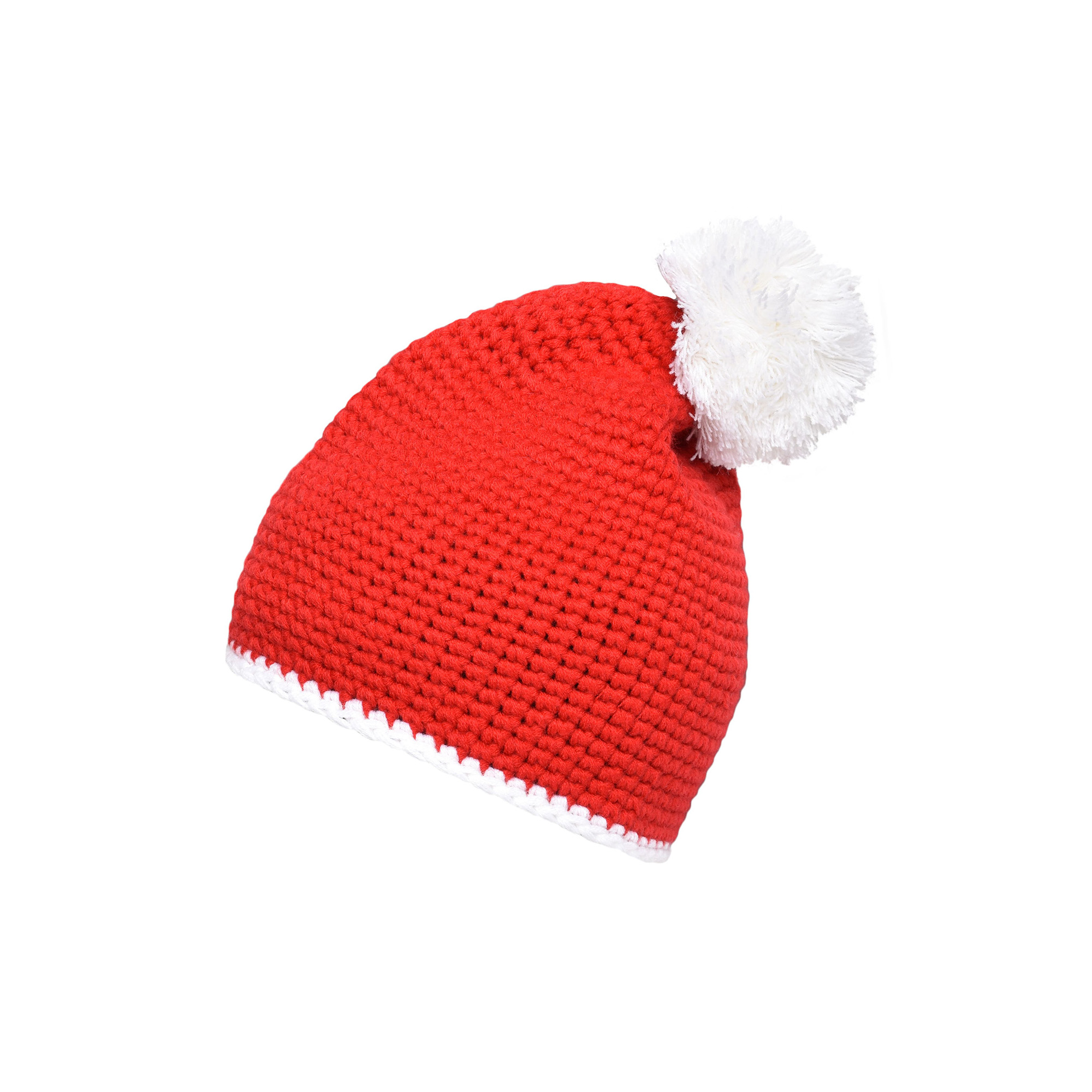 Häkelmütze mit Kontrastband und Pompom, rot/weiß