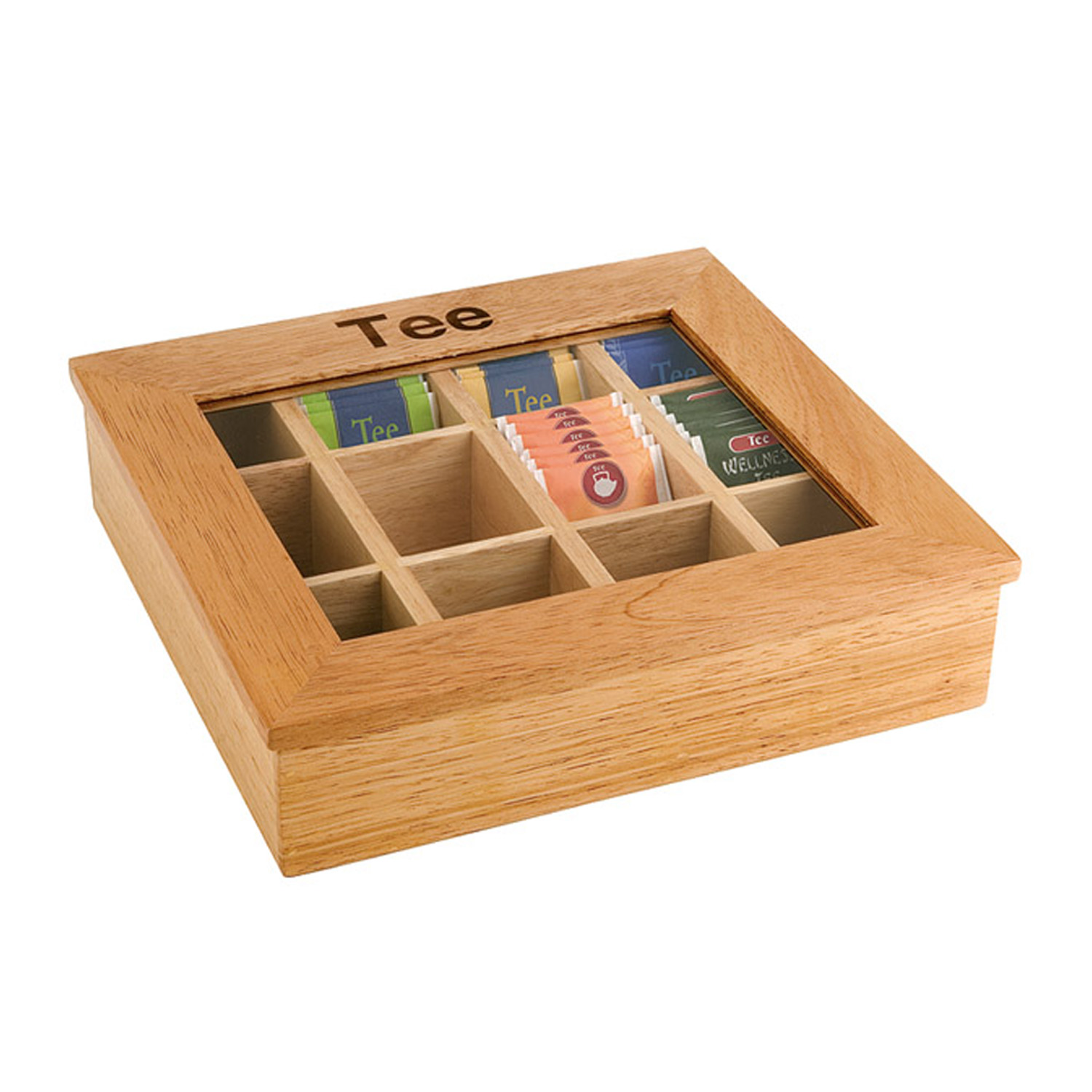 Teebox mit 12 Kammern 31 x 28 cm, H: 9 cm helle Holzbox mit Sichtfenster